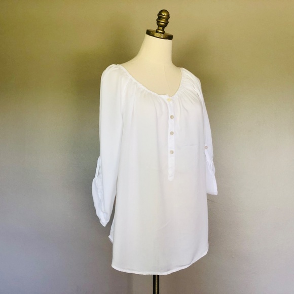 Medium White Pullover Scoop Neck Blouse INDIGO Button Up Sleeves - Picture 8 of 8